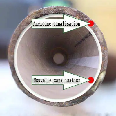 Coupe montrant un revêtement intérieur dans une ancienne canalisation