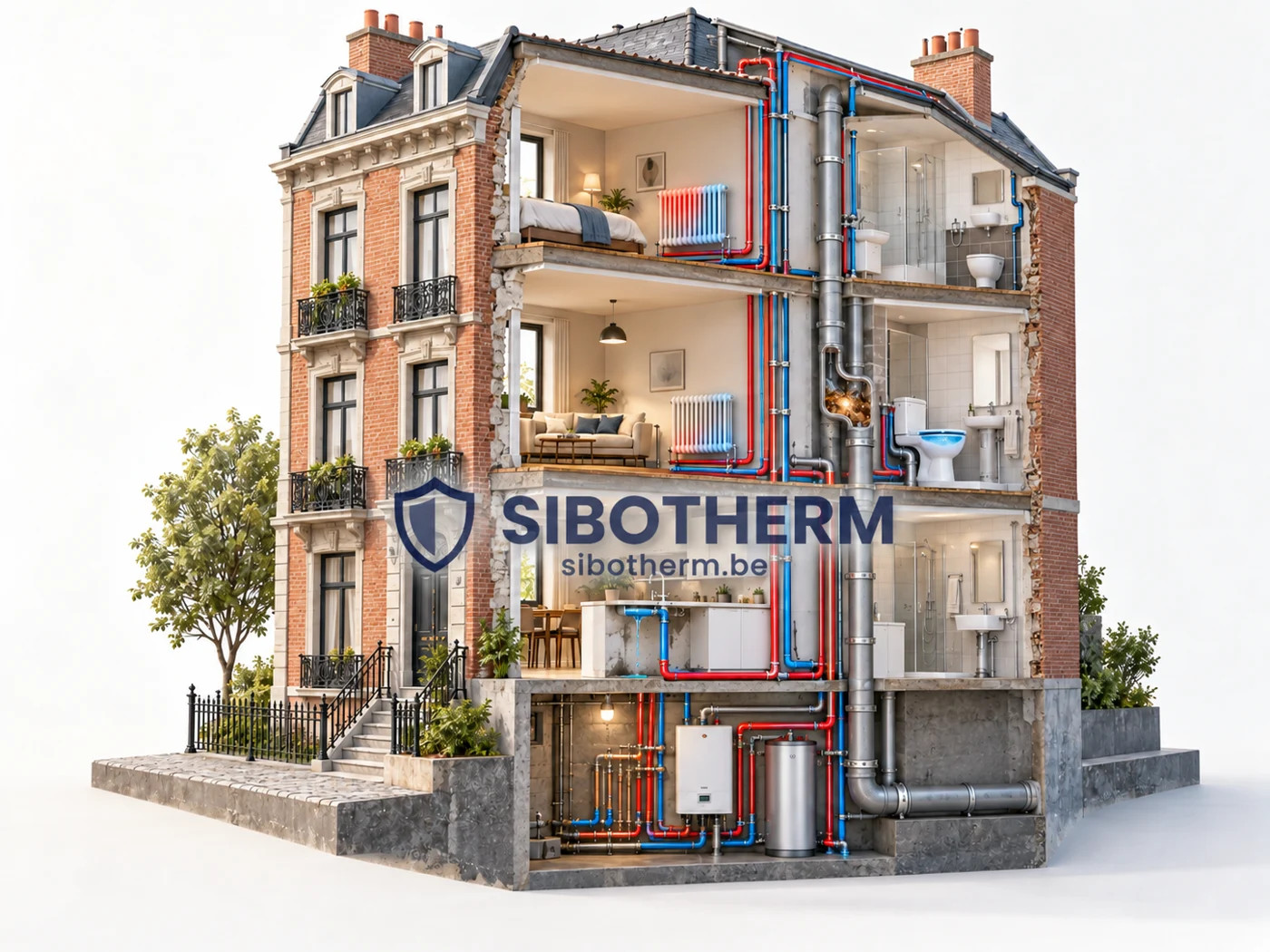 Immeuble en coupe avec réseaux sanitaires, radiateurs et chaudière