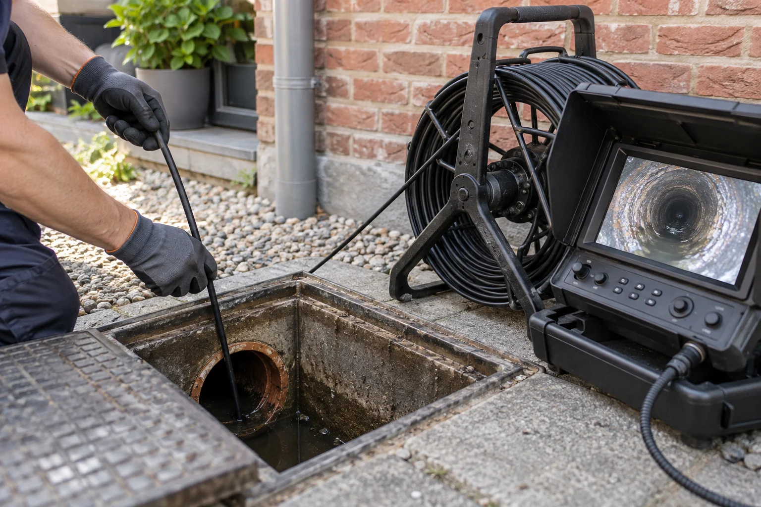 Caméra d’inspection et câble introduit dans un accès d’égout — service à Bruxelles