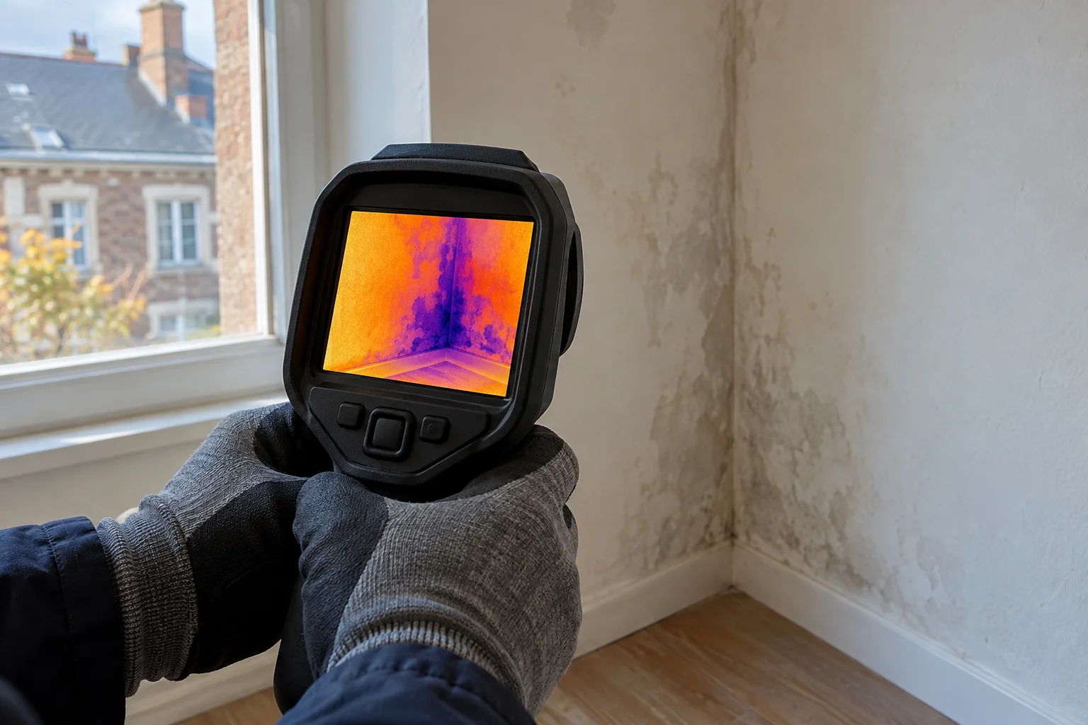 Caméra thermique dirigée vers une paroi — recherche de fuite à Bruxelles