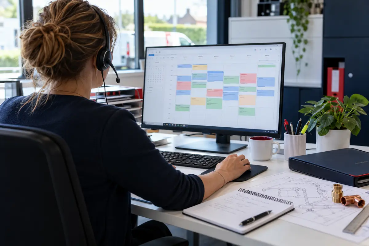 Planification d’interventions techniques : personne au casque devant un calendrier de rendez-vous