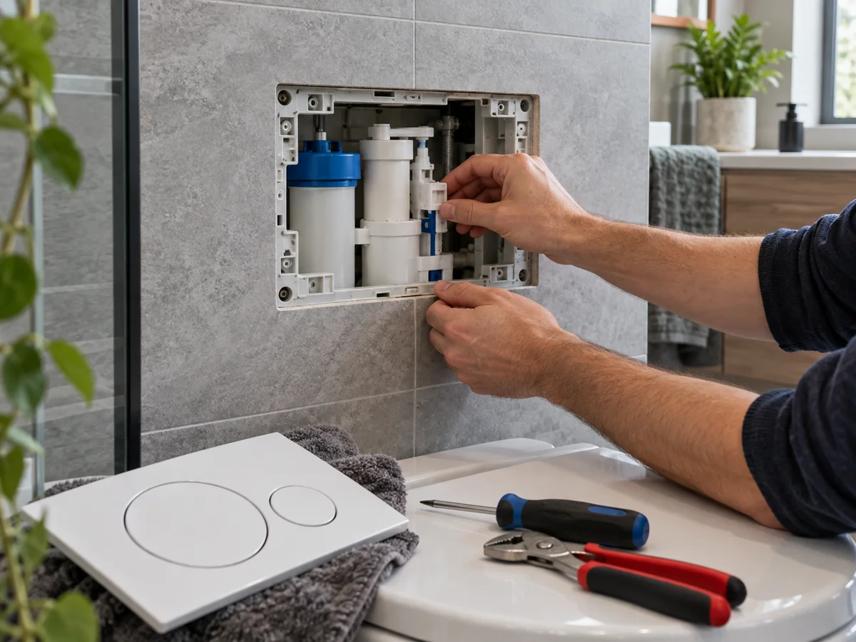 Accès au mécanisme d’un WC encastré — dépannage sanitaire à Ixelles