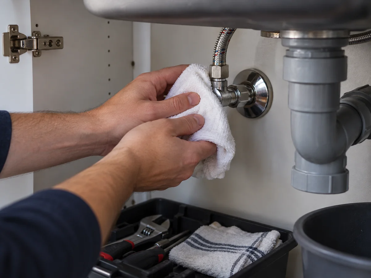 Vérification d’un raccord avec un chiffon sec — plomberie à Ixelles